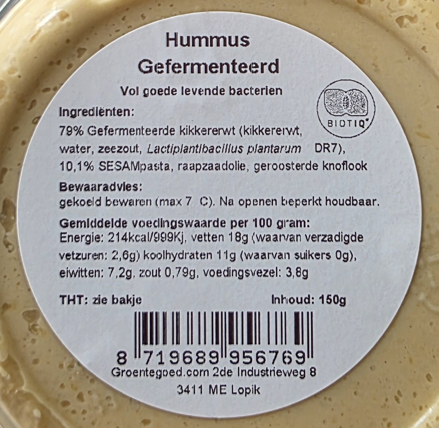 Hummus etiket met microbIQ inside logo